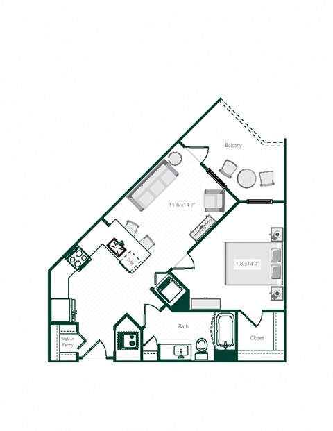 Floor plan for 1 bed, 1 bath, 706 sqft